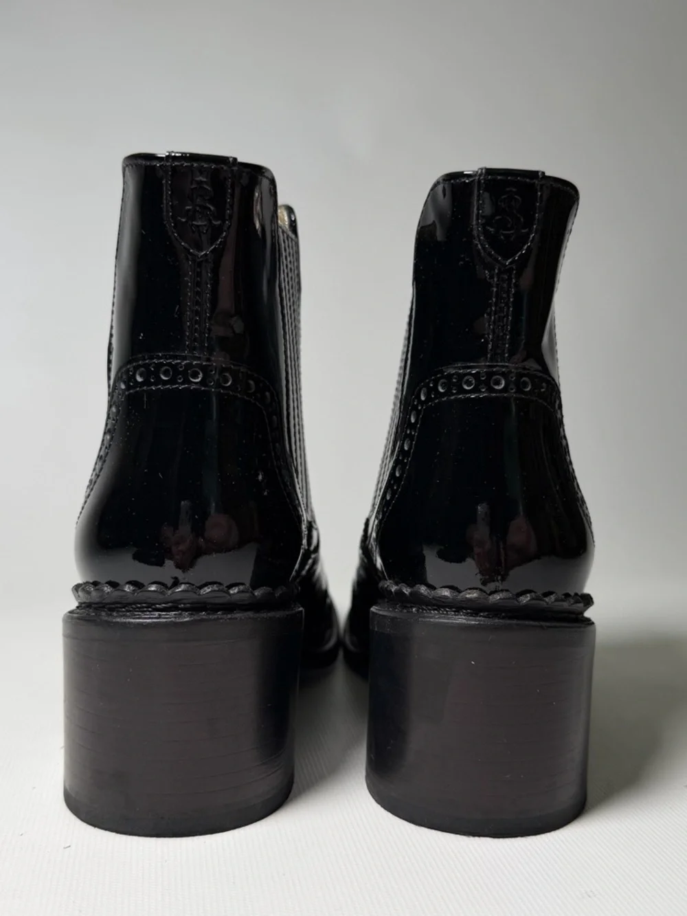 The Office of Angela Scott Patent Leather Wingtip Chelsea Boots - sz 35.5